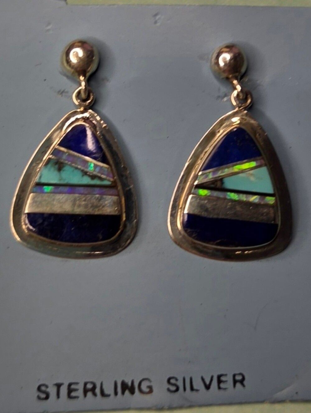 Signed VB Sterling Lapis Turquoise Opal Inlay Teardrop Drop Earrings